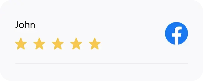 Five-star customer review from John displayed with social media Facebook icon