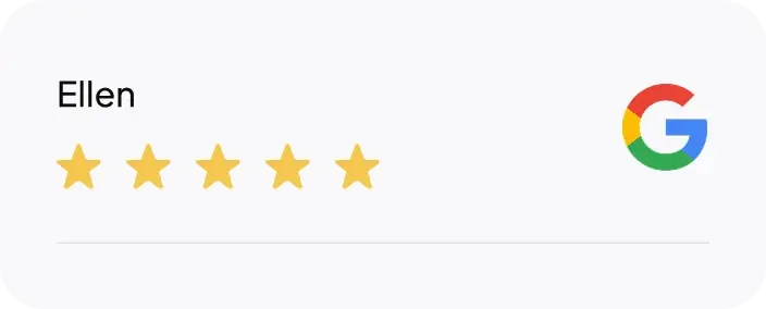 Five-star customer review from Ellen displayed with social media Google icon