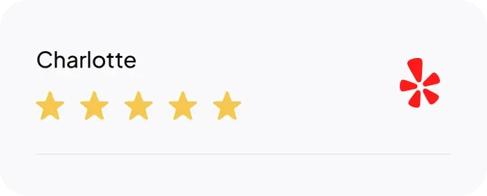 Five-star customer review from Charlotte displayed with social media Yelp icon